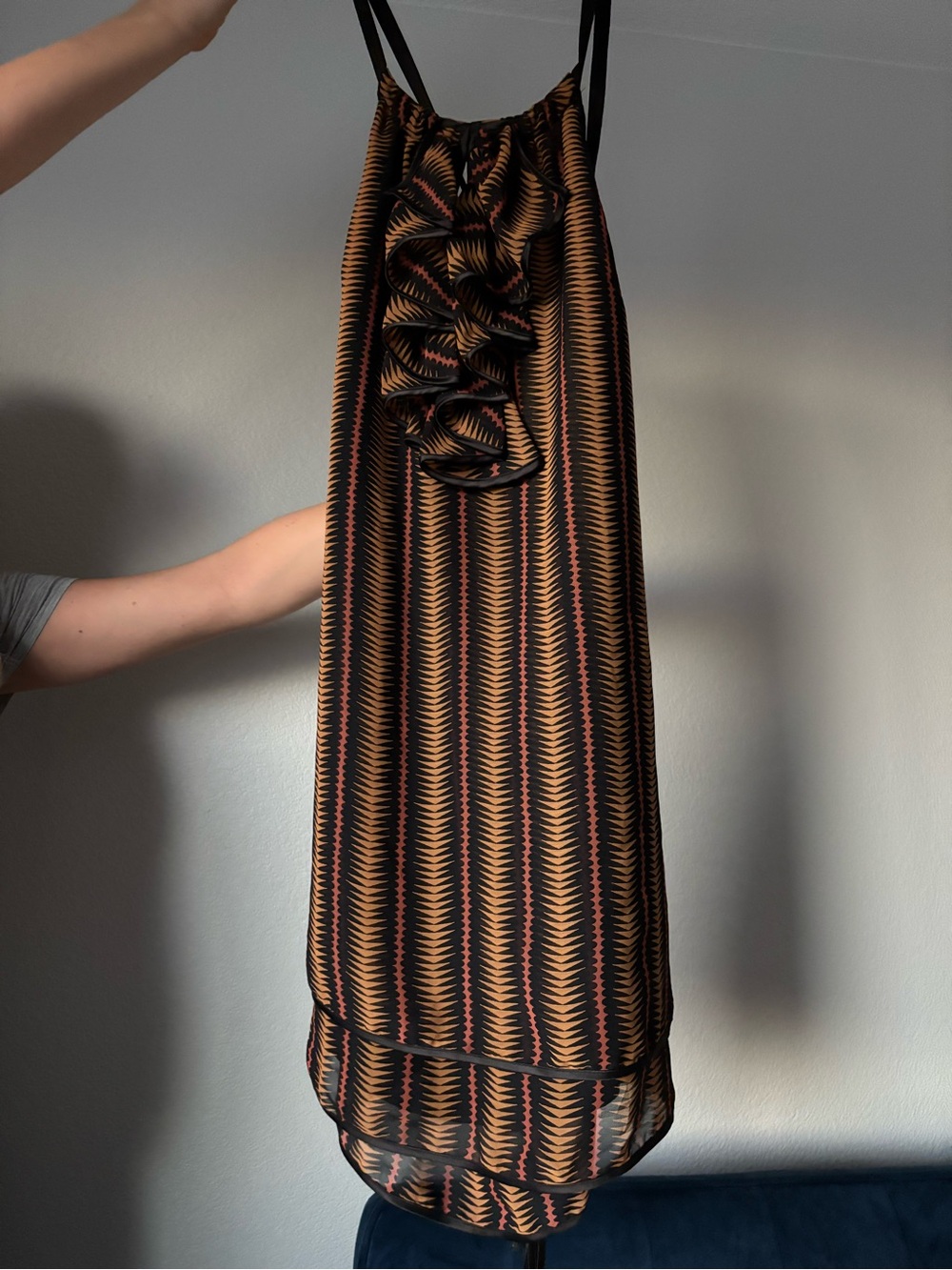 BCBGeneration Black and Gold High-Low Ruffle Maxi Skirt